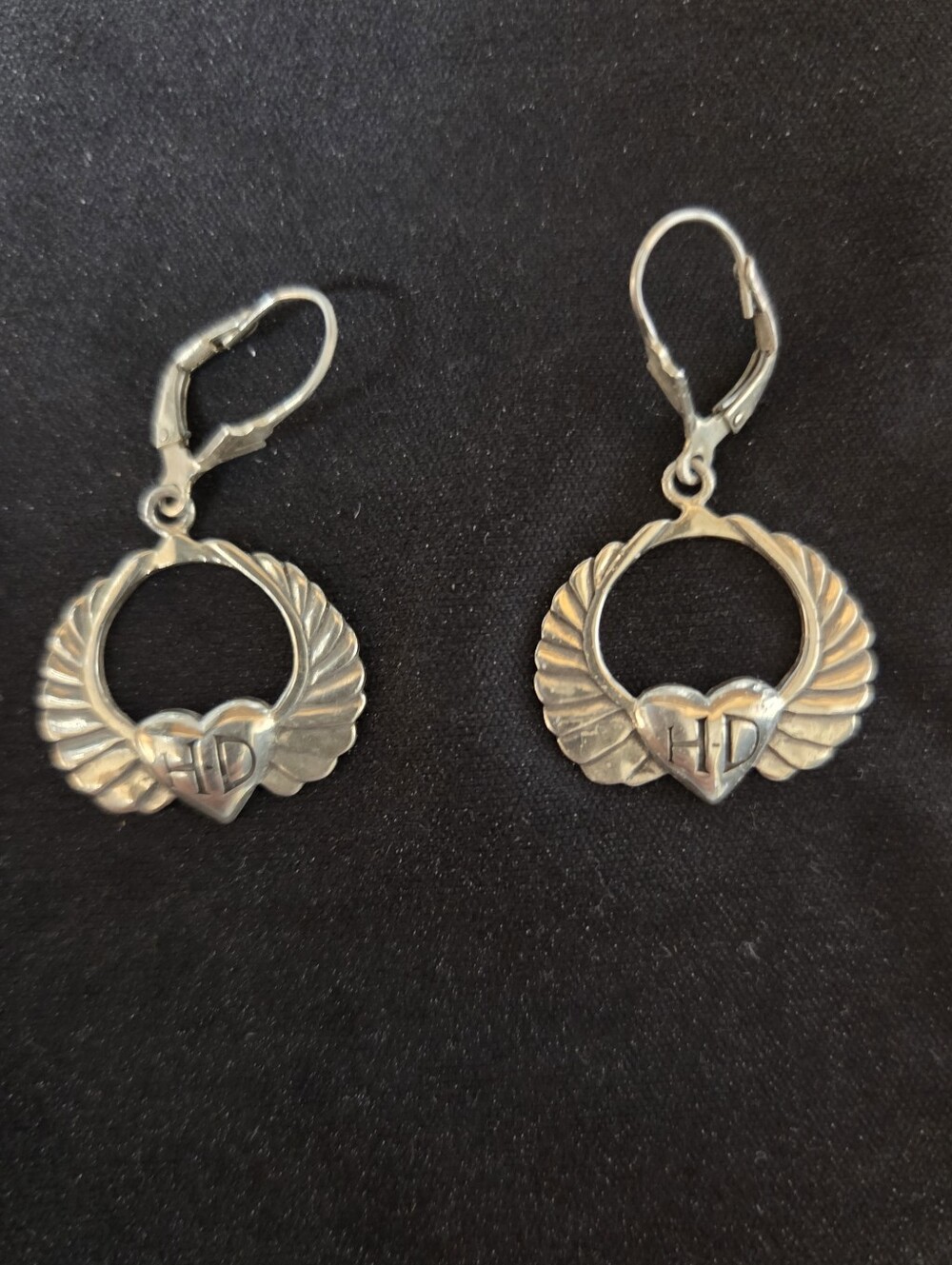 Vintage Harley Davidson Silver Winged Heart HD Drop Earrings - Silver